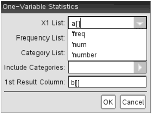 ti-nspire one-variable statistics frequency list setting