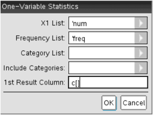 ti-nspire one-variable statistics 1st result column